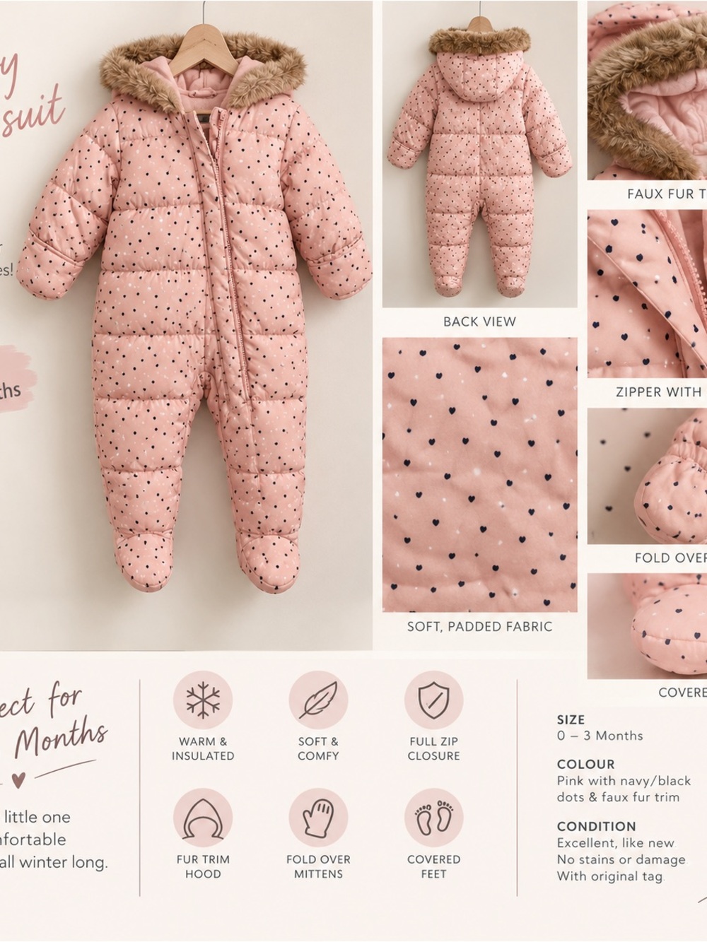 George Pink Puffer Snowsuit with Faux Fur Hood and Navy Heart Dot Print